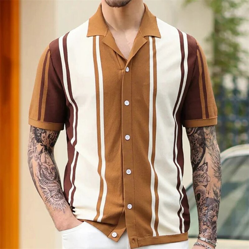 2024 Men's Clothing Men Casual Business Knitted Lapel Polo Shirts Male Fashion Patchwork Contrast Color Knitwear Summer T-shirt