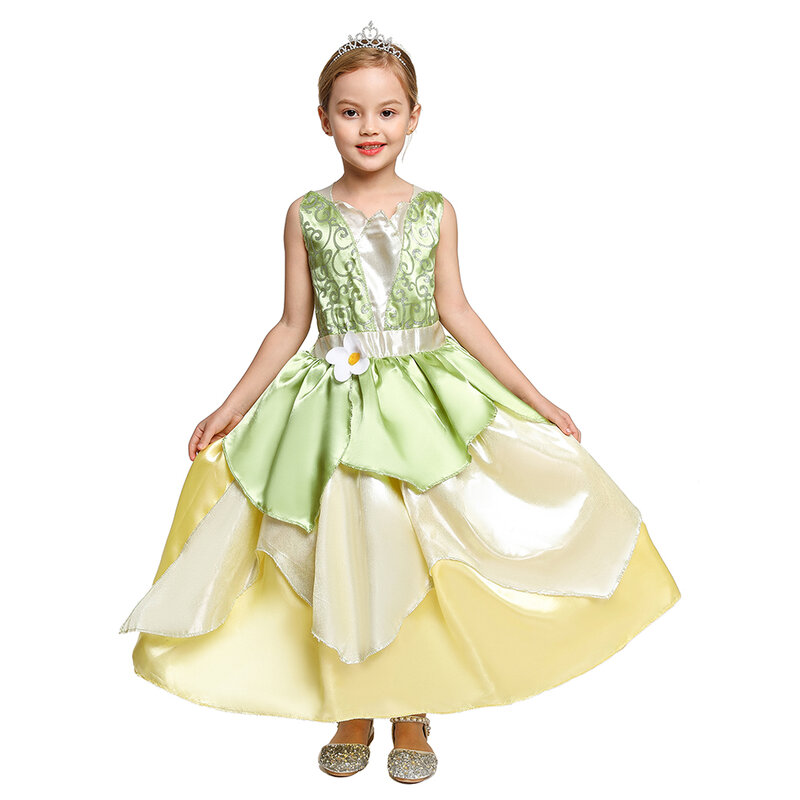 Disney Tiana Princess Dress for Girls Fancy Flower Gown Birthday Party Kids Carnival Clothing Kids Cosplay Tinker Bell Costume