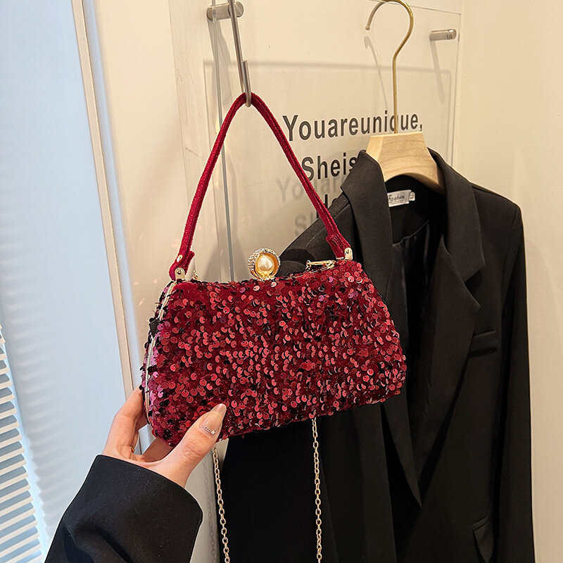 Роскошные сумочки для женщин 2024, трендовая модная вечерняя сумочка с блестками, Женская Блестящая Наплечная сумочка с цепочкой и жемчугом