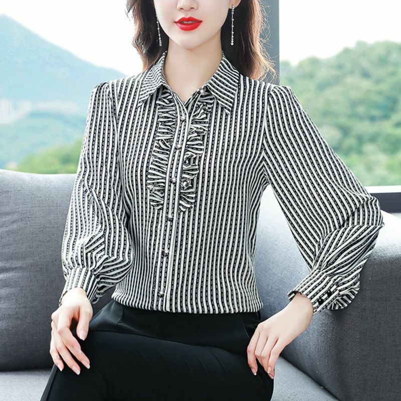2024 Women's Spring and Autumn Combination Turndown Collar Temperament Stripes Versatile Button Lace Casual Long Sleeved Shirt