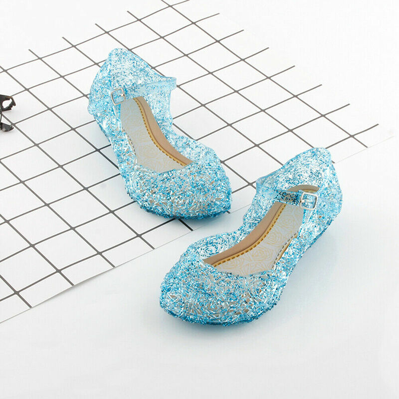 Girls Kids Summer Crystal Sandals Frozen Princess Jelly High-Heeled Shoes Princess Frozen Elsa Cosplay Party Dance Shoes