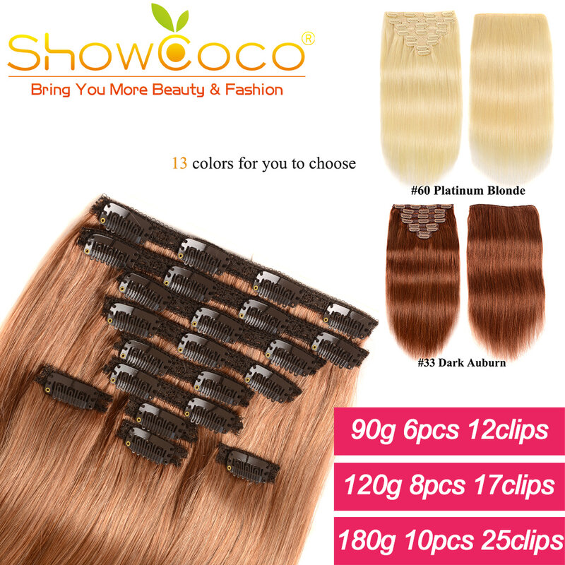 Showcoco-Extensions de cheveux 100% naturels Remy avec clips, chevelure lisse et soyeuse, style coréen