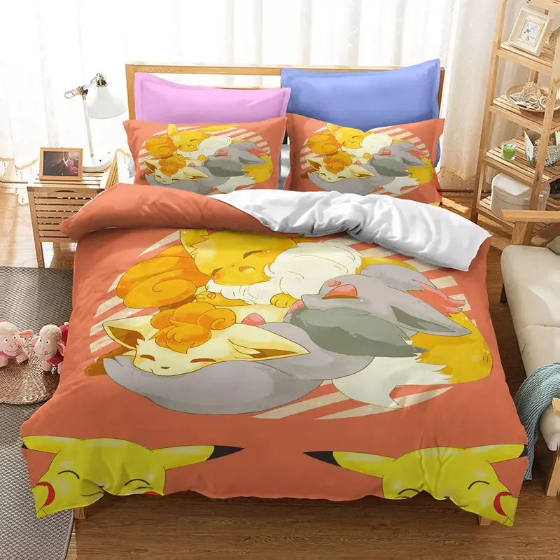 Pokemon figurki Pikachu Elf kapa na kołdrę i poszewki na poduszkę trzyczęściowe łóżko komplet zestaw tekstyliów domowych