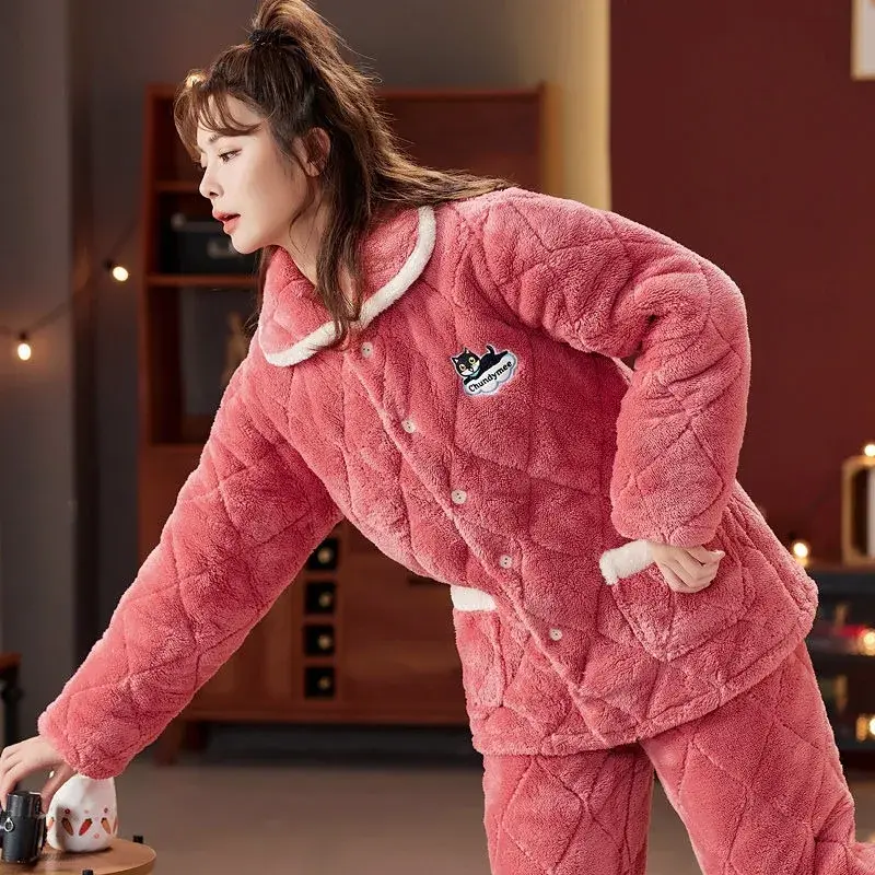 2024 New Winter Pajamas Women's Autumn Three-layer Cotton Pants Loungewear Loose Warm Sleepwear Plush Thickened Homewear Set