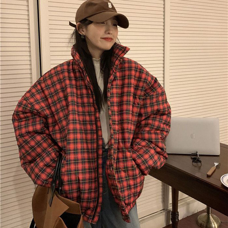 Winter Warm Plaid Parkas Women Y2K Vintage Streetwear Loose Oversized Down Coats Korean Harajuku Preppy All Match Puffer Jacket