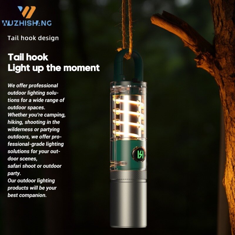 White Laser Flashlight Internal 18650 Rechargeable Torch 5Modes Zoom Hook Hanging Side Tungsten Wire Camping Lamp with Lampshade