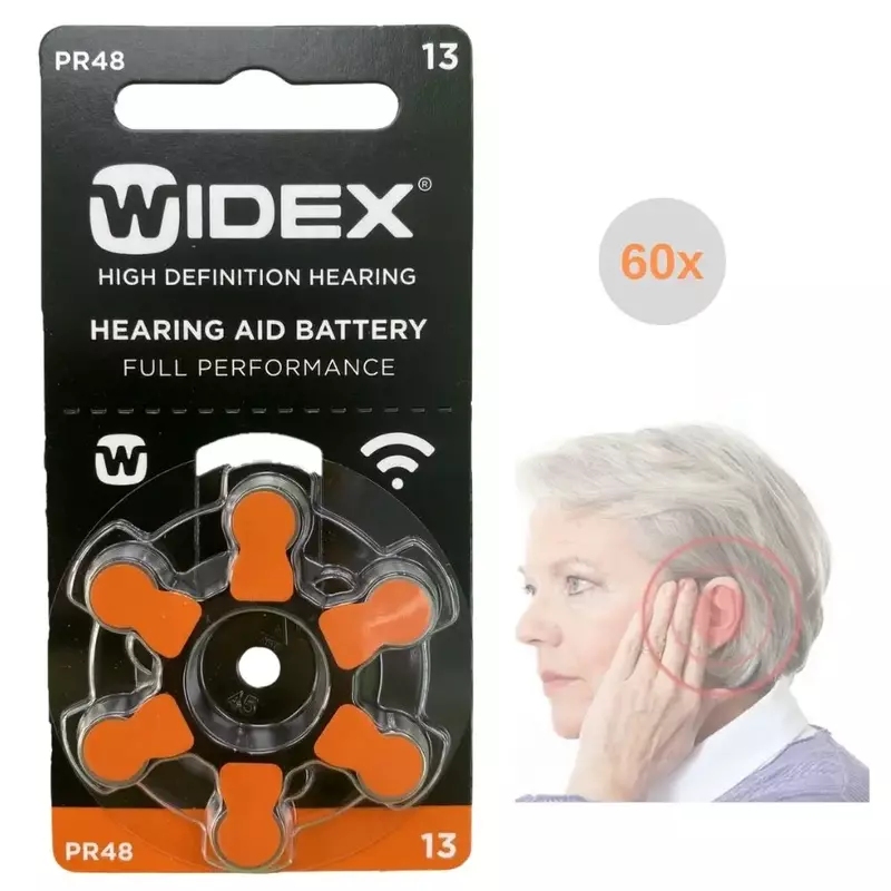 Caja de baterías para audífonos Widex, tamaño 13, A13, 13A, naranja, PR48, Zinc Air, 60 celdas