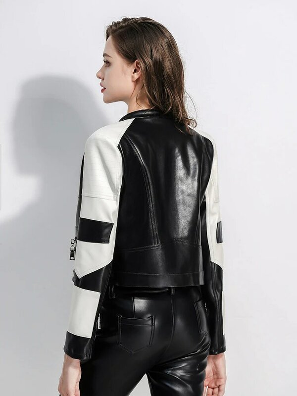 Simple Black White Spliced Cropped Leather Jacket Women 2024 New Streetwear Stand Collar Slim-fit Faux Leather Motorcycle Jacket