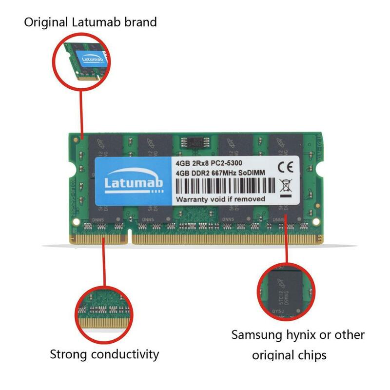 Latumab ذاكرة الوصول العشوائي ذاكرة الوصول العشوائي DDR2 4GB 8GB 667MHz 800MHz محمول SODIMM PC2-5300 الذاكرة 6400 RAM 200Pin 1.8V ذاكرة المحمول المزدوج القناة