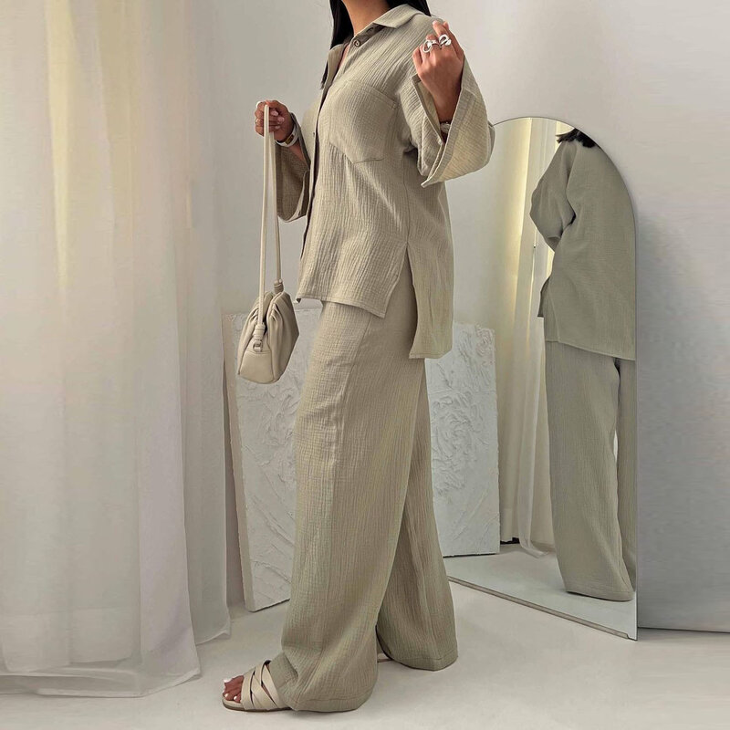 Conjuntos de 2 piezas de talla grande para mujer, blusa informal de manga larga con botones, cintura elástica, pantalones de pierna ancha de cintura alta, trajes Casuales