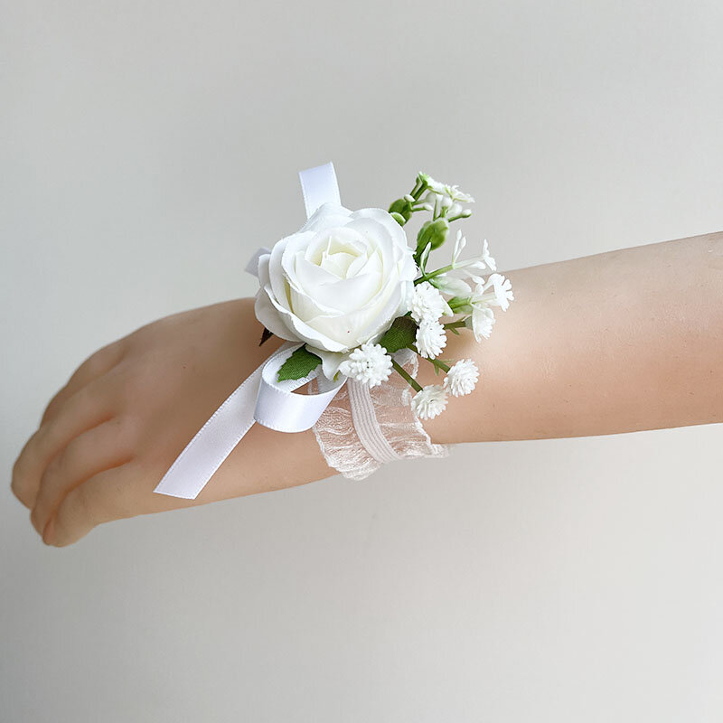 White Silk Roses Baby Breath Boutonniere Wedding Accessories Wrist Corsage Bracelets Bridesmaids Artificial Flowers Buttonhole