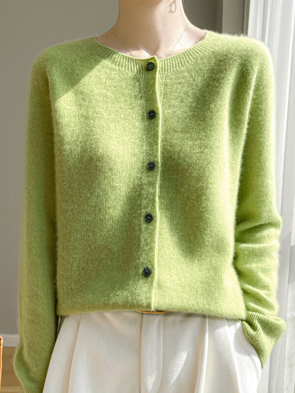 ADDONEE New Fashion Cardigan o-collo da donna 100% lana Merino maglione lavorato a maglia manica lunga abbigliamento Casual di base coreano popolare Top