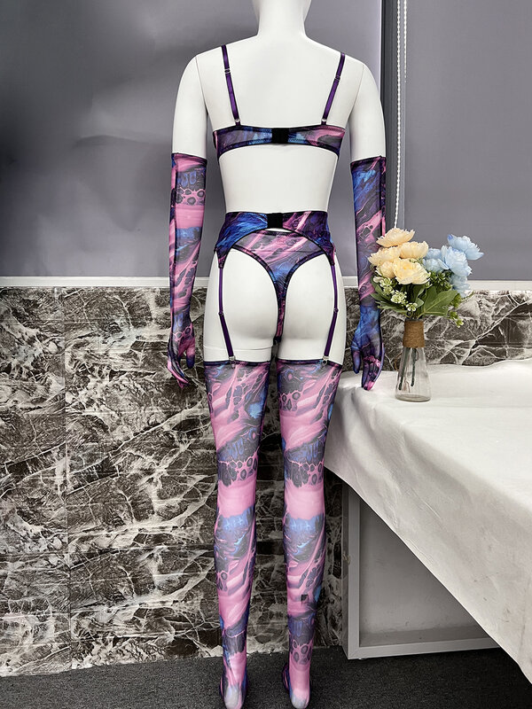 Ellolace-Lencería Tie Dye con manga de media, ropa interior Sexy de lujo, trajes íntimos transparentes de malla, sin censurar, 5 piezas