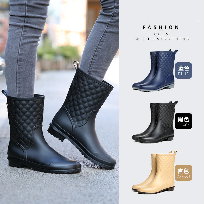 Plaid Casual Women Boots New Rain Shoes Fashion Mid-Calf Rain Boots Water Shoes Woman Slip-On Mid-tube Adult Rain Boots Ladies