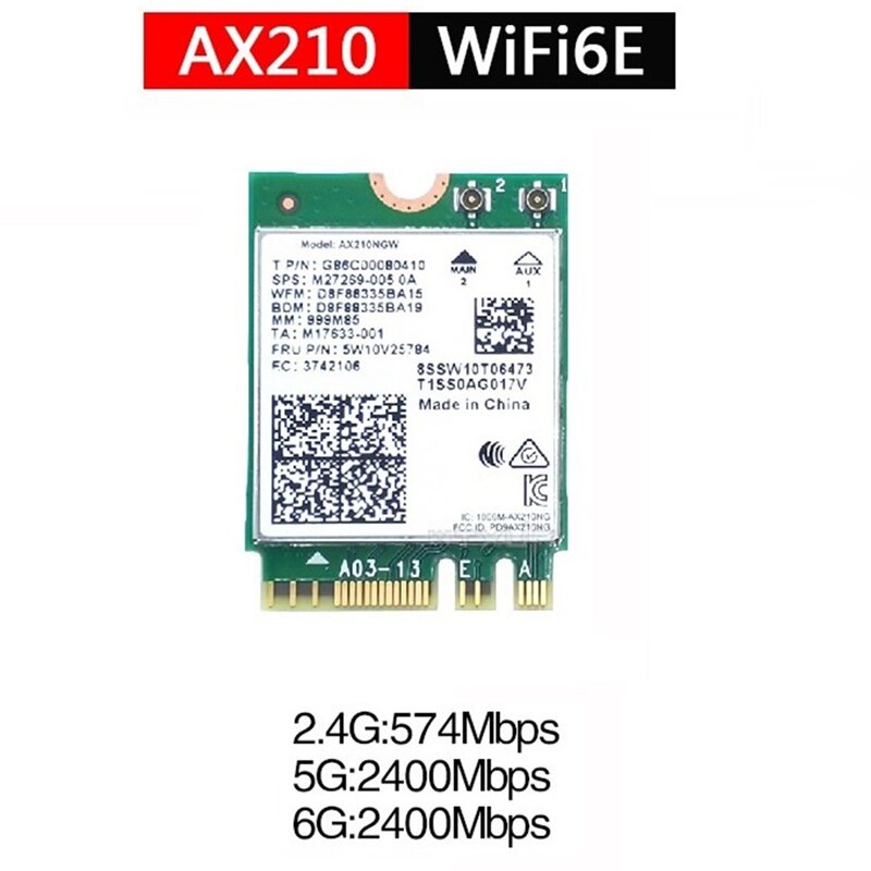 Wi-Fi 6E AX210 Wireless Card 2400Mbps Bluetooth 5.2 Desktop Kit 802.11Ax 2.4G/5Ghz/6Ghz AX210NGW,With Antenna