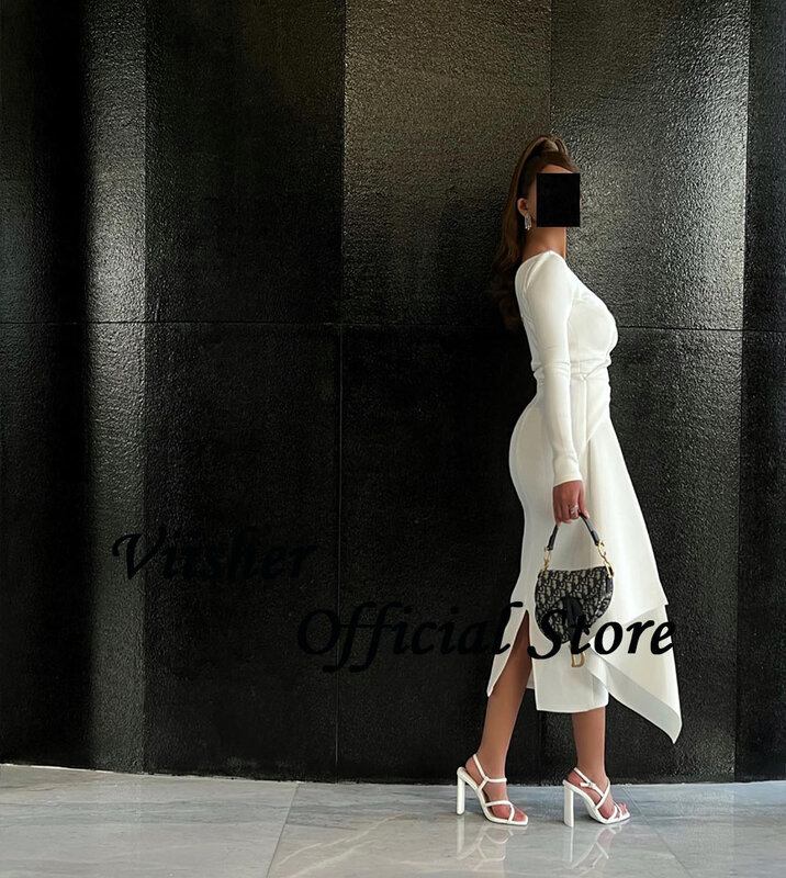 Белое Атласное Вечернее платье Viisher с длинным рукавом и круглым вырезом, арабское дубайское официальное платье для выпускного вечера, вечерние платья длиной ниже колена