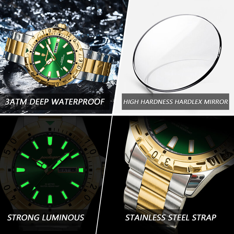 Poedagar-Relógio de quartzo de luxo masculino, impermeável, luminoso, data week, militar, aço inoxidável, masculino relógios, relógio esportivo