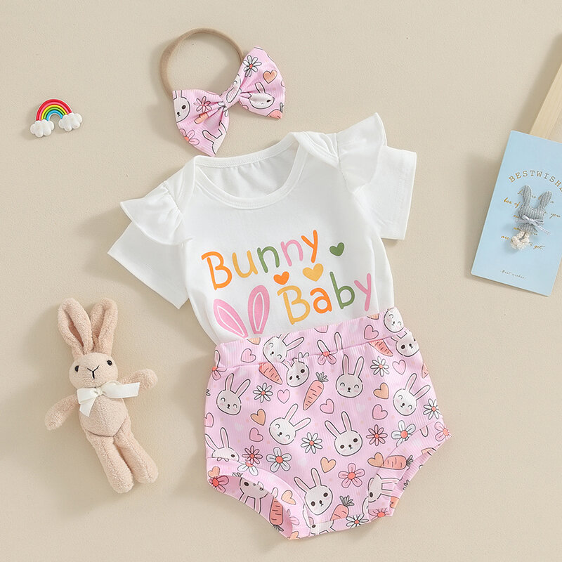 Baby Girls Shorts Set Short Sleeve Letters Print Romper with Rabbit Print Shorts Hairband 3Pcs Outfit