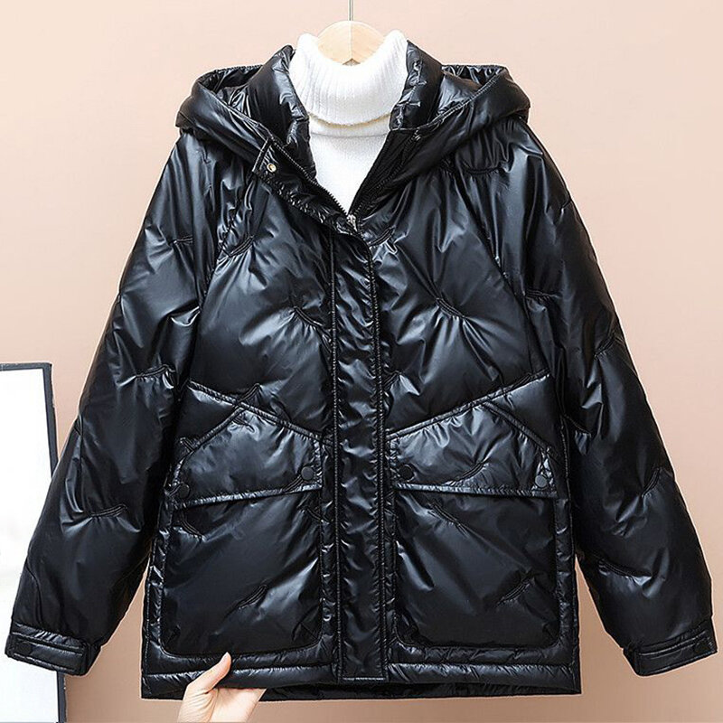 女性のための大きくて光沢のある綿のジャケット,フード付きの葉の刺jacket,ファッショナブルでエレガント,カジュアル,冬