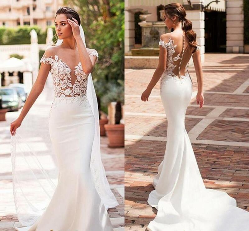 花嫁のための人魚のウェディングドレス、エレガントなドレス、サテンのキャップスリーブ、透明なボタンの後ろ、白、レース