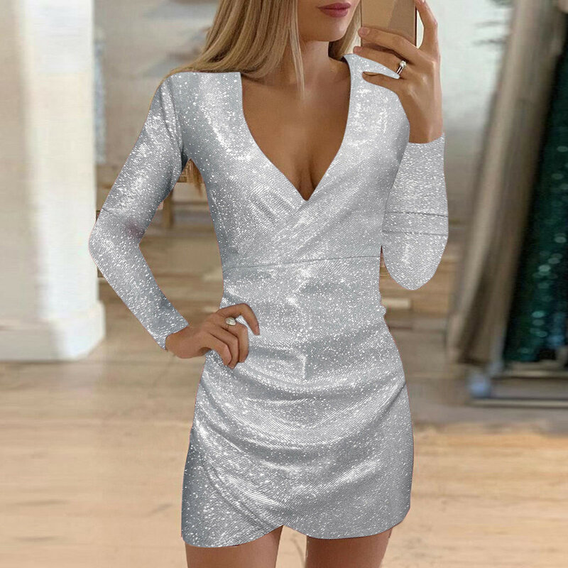 Sequin Ruched Metallic Bodycon Dress Evening Party Gown Club Mini Dresses V-neck Long Sleeve Wrap Hip Dress Vestidos