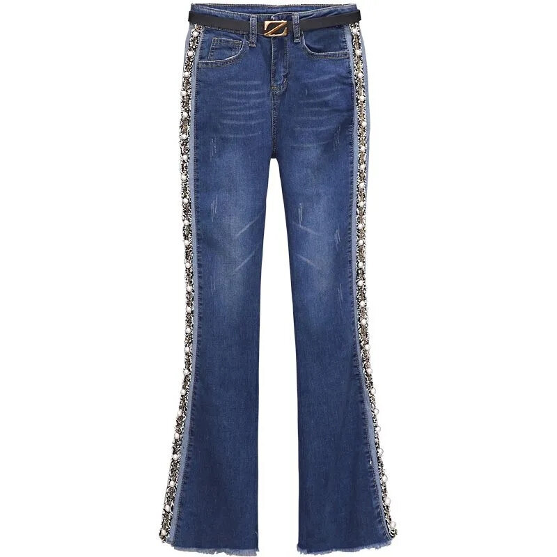 Nail Bead Cowboy Bell-Bottoms Women Autumn New High-Waist Contrast Color Slim And High-Hanging Slim And  Denim Micro-Trousers