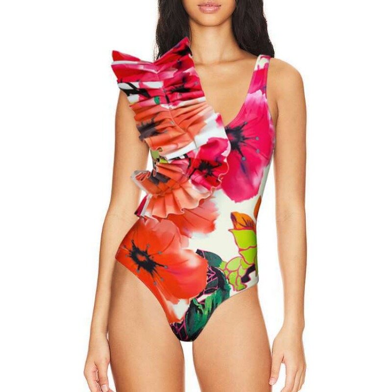 Plus Size neue sexy einteilige Badeanzug Damen europäischen und amerikanischen Bikini Rüschen Rand gedruckt Badeanzug Bikini Mesh langen Rock