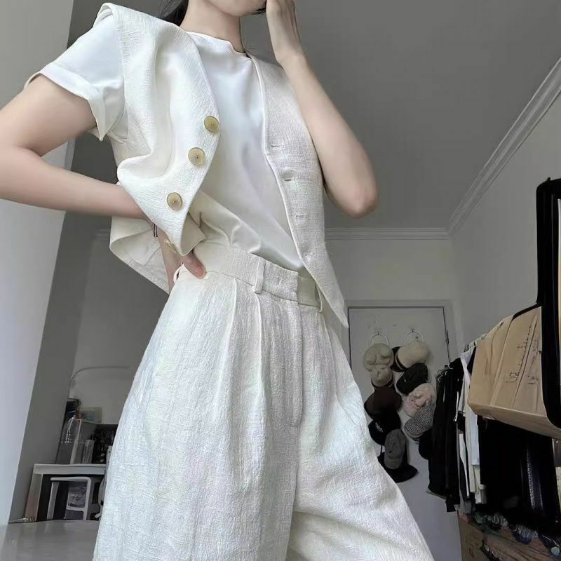 Женский костюм из двух предметов на весну и осень, новинка 2024, модные женские брюки в минималистичном стиле, белый текстурный жилет