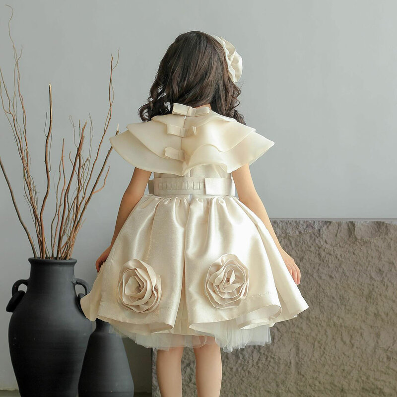 Jill Wish-Robe beige pour fille, tenue de soirée élégante, avec des fleurs faites à la main, pour un mariage, un anniversaire ou des vacances, 2024, J104