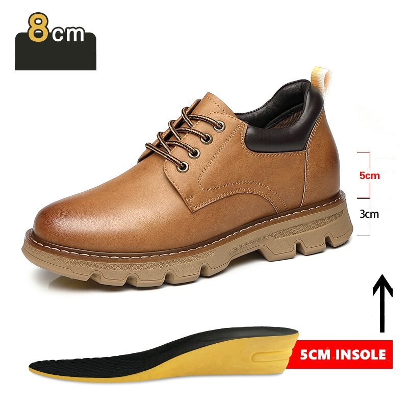 Sepatu kets kulit asli untuk pria, sepatu bot olahraga luar ruangan sol tebal penambah tinggi 6/8 CM, sepatu Sneakers kerja Platform kulit asli untuk pria