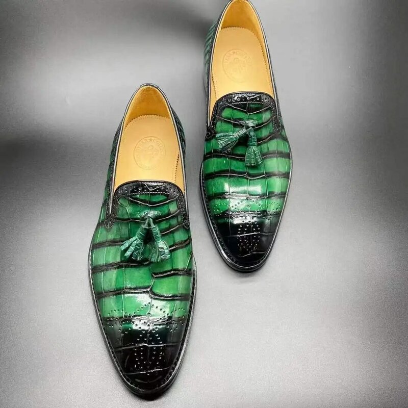 Chue-zapatos de vestir de piel de cocodrilo para hombre, calzado formal, verde, sin cordones