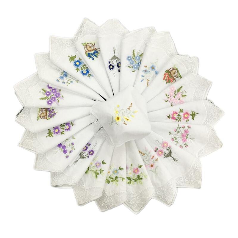 여성용 자수 레이스 행키 나비 꽃 행커치프, 12X