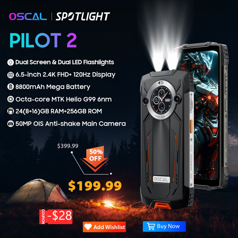 OSCAL-PILOT 2 Smartphone Robusto, Celular com Lanternas LED Duplas, Helio G99, Estreia Mundial, 120Hz, 8GB, 256GB, 8800mAh