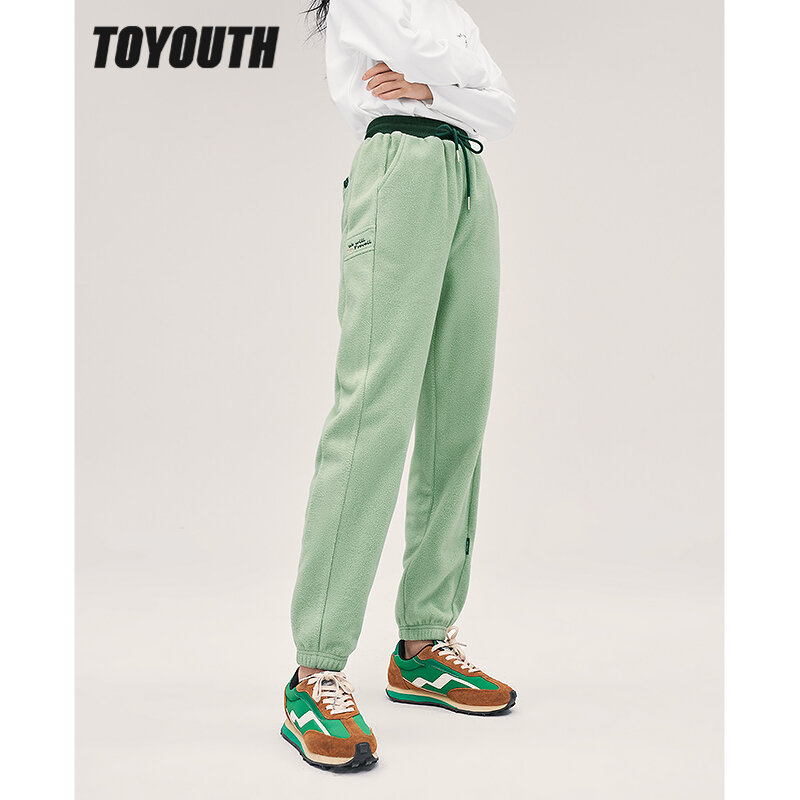 Toyouth Women Fleece Sweatpants 2022 Winter Drawstring Elastic Waist Straight Long Trousers Navy Green Warm Casual Sport Pants