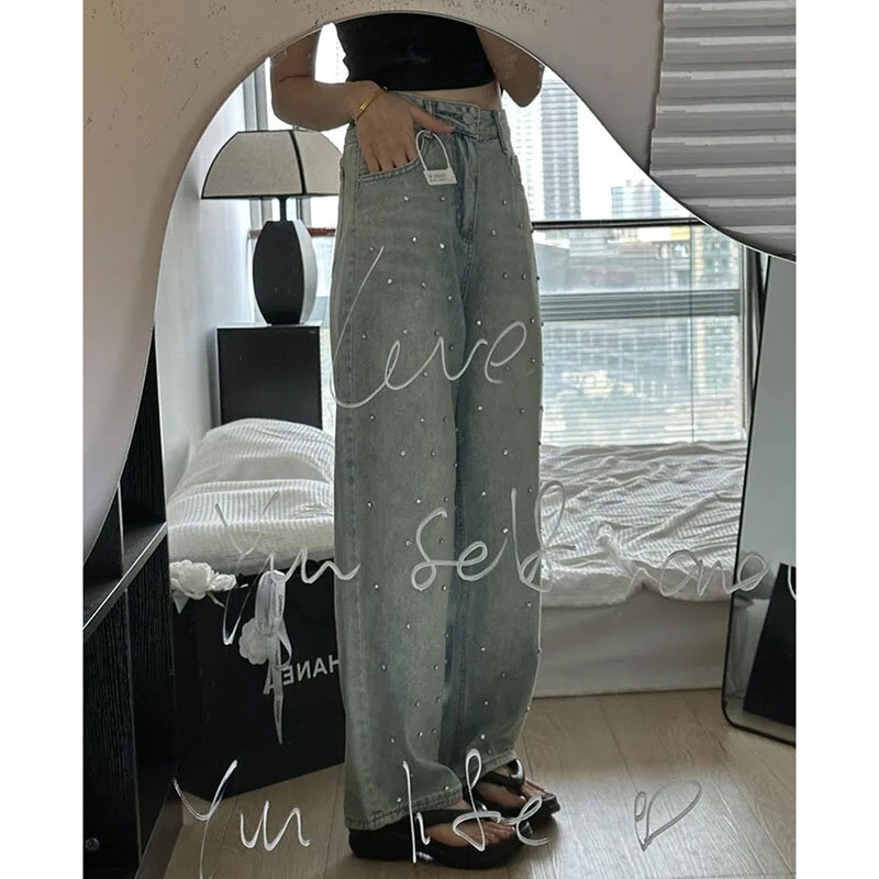 Jean Taille Haute en Denim pour Femme, Pantalon Plissé à Jambes Larges, Style FjKorean