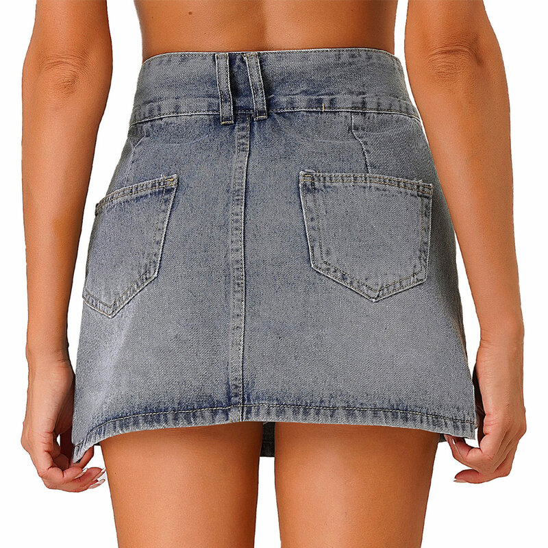 Womens Clubwear Sexy High Waist Denim Skirt Casual Pockets Mini Skirts with Built-in Shorts for Travel Beach Music Festival