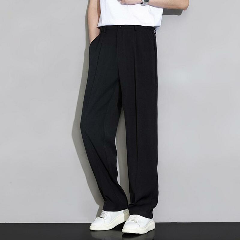Soft Lightweight Trousers Stylish Men's Ice Silk Wide Leg Business Trousers with Elastic Waist Buttons Fly Pockets Draped Thin