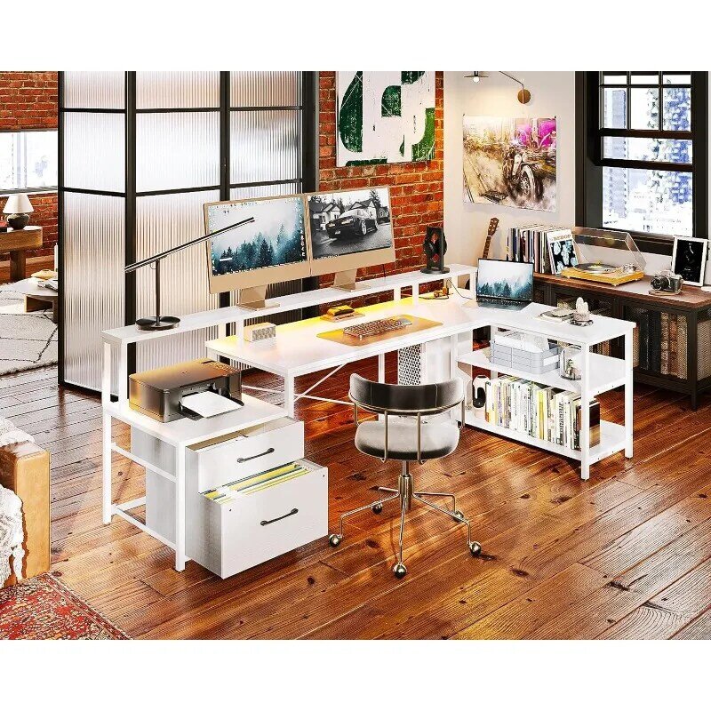 ODK-L Shaped Desk com gaveta de arquivo, mesa reversível do computador, tomada, faixa de LED, mesas para casa e escritório, 75 polegadas