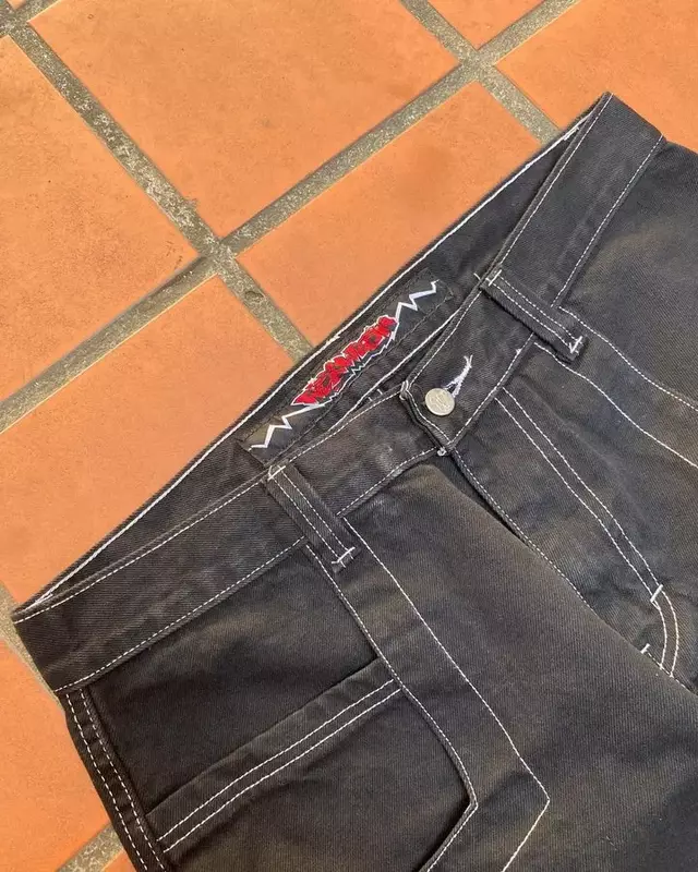 Hip Hop Pocket Letter Stickerei Streetwear Baggy Jeans Y2k Vintage schwarze Jeans Hosen Herren Damen hohe Taille weites Bein Hose