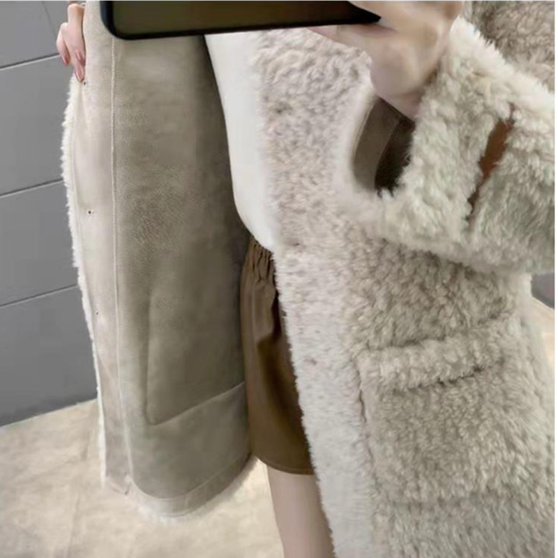 2023 luksusowy futro z owczej skóry płaszcz damski wysokiej jakości granulowany polar jesienno-zimowy futrzany płaszcz damski średniej długości odzież wierzchnia 2438