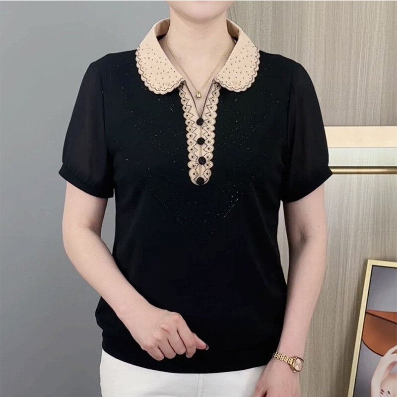 2024 New Summer Aesthetic Office Lady Retro Loose T-shirts for Women Korean Style Decorations Lapels Short Sleeve Chic Y2K Tops