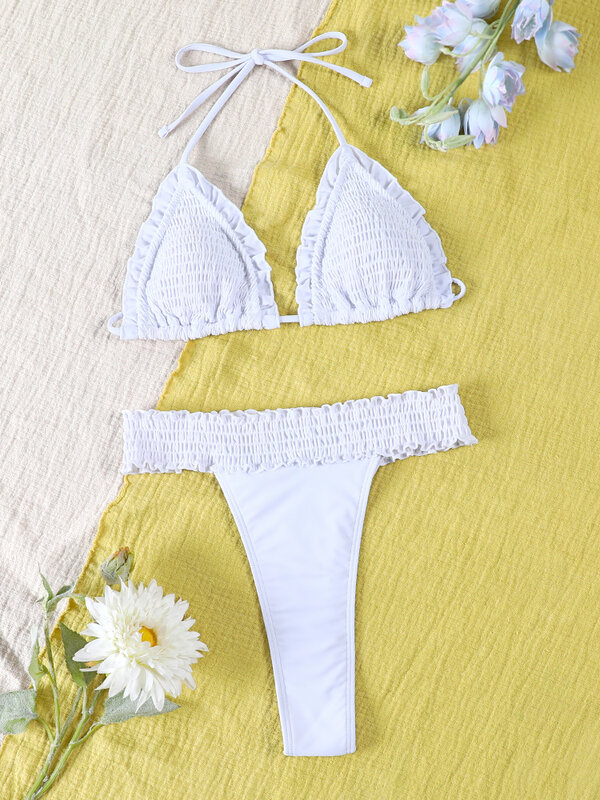Biquínis Ruffle branco para Mulheres, Sexy Triângulo Swimwear, Conjunto de Biquíni Brasileiro, Maiô, Thong Swimsuits Feminino
