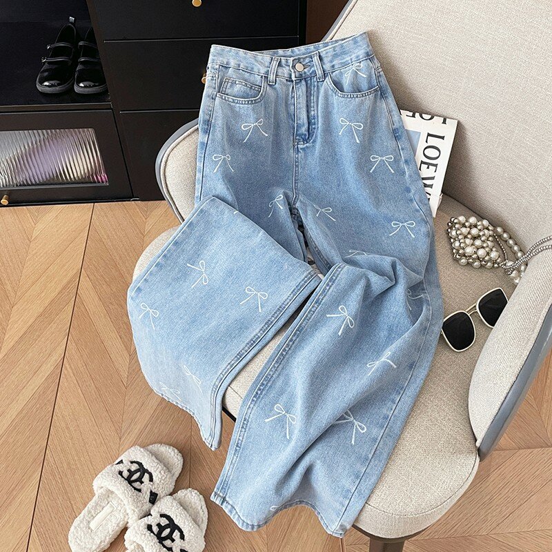 2024 Spring Summer New Korea Fashion Women High Waist Cotton Denim Wide Leg Pants Bow Print Loose Casual Light Blue Jeans P660