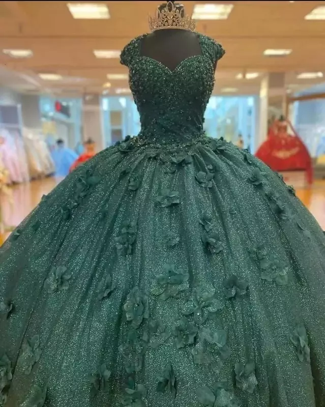 Vintage Glanzend Groene Quinceanera Jurken Baljurk 3d Bloemen Kralen Kanten Bandjes Vestidos De 15 Anos Prinses Feest Prom Jurk