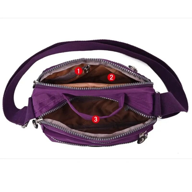 Nylon impermeável Crossbody Bag, Grande capacidade, Multi bolso Viagem Mobile Bag, Zipper Shoulder Bag, Cor sólida, Moda
