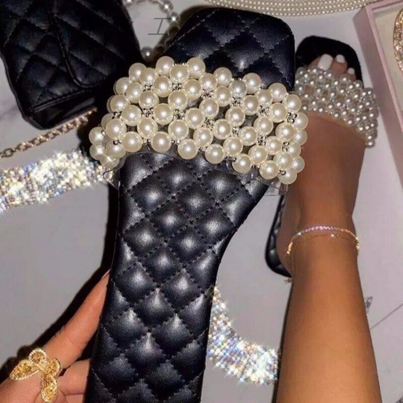 Comemore-Sandales plates avec perles et biscuits pour femmes, chaussures d'été décontractées, grande taille 43 2024