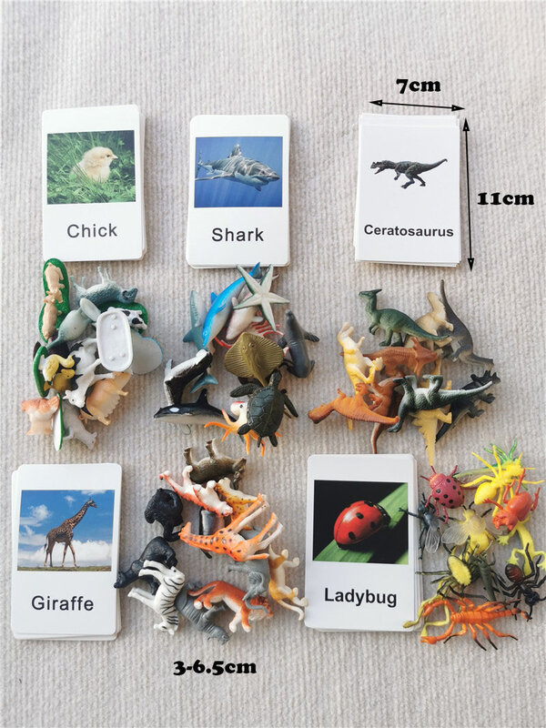 Tableta de aprendizaje de madera Montessori Toys con tizas, Bandejas divididas, simulación de animales, tarjetas de estudio en inglés combinadas