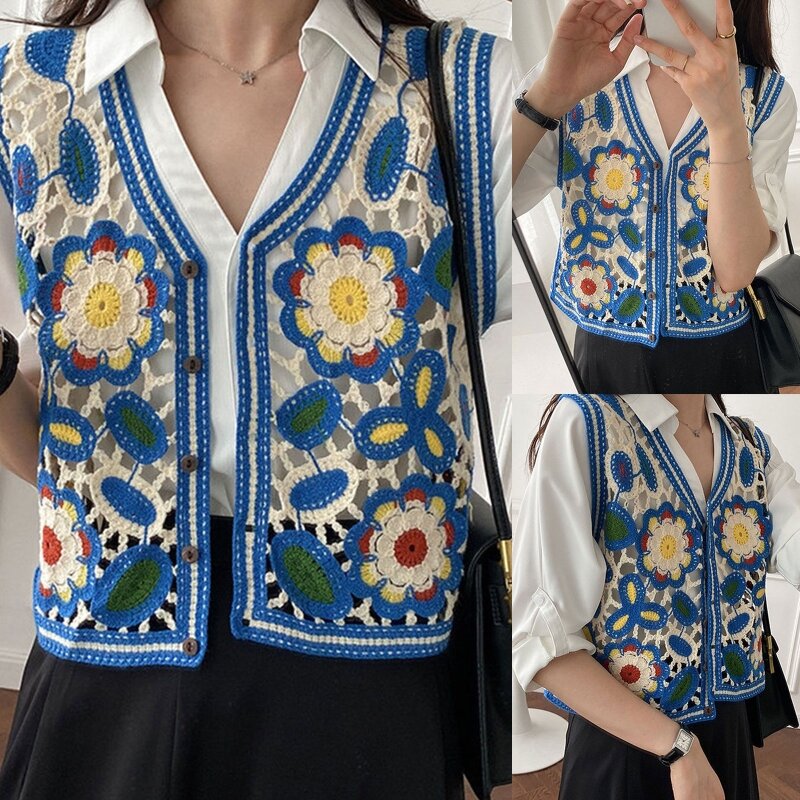 Y166 Coletes crochê florais boho vazados bordados combinados para regatas casuais estilo francês camis para mulheres