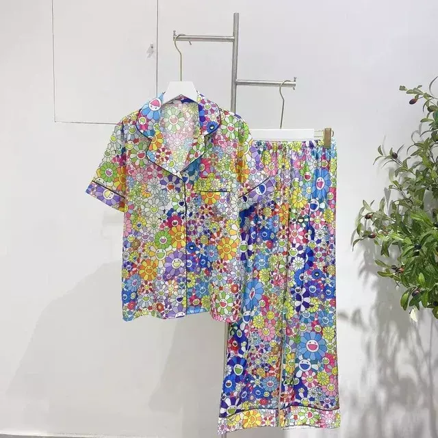 Conjunto de pijama de seda estampado girassol feminino, calça comprida manga comprida, pijama cetim, roupa casual solta, 2 peças
