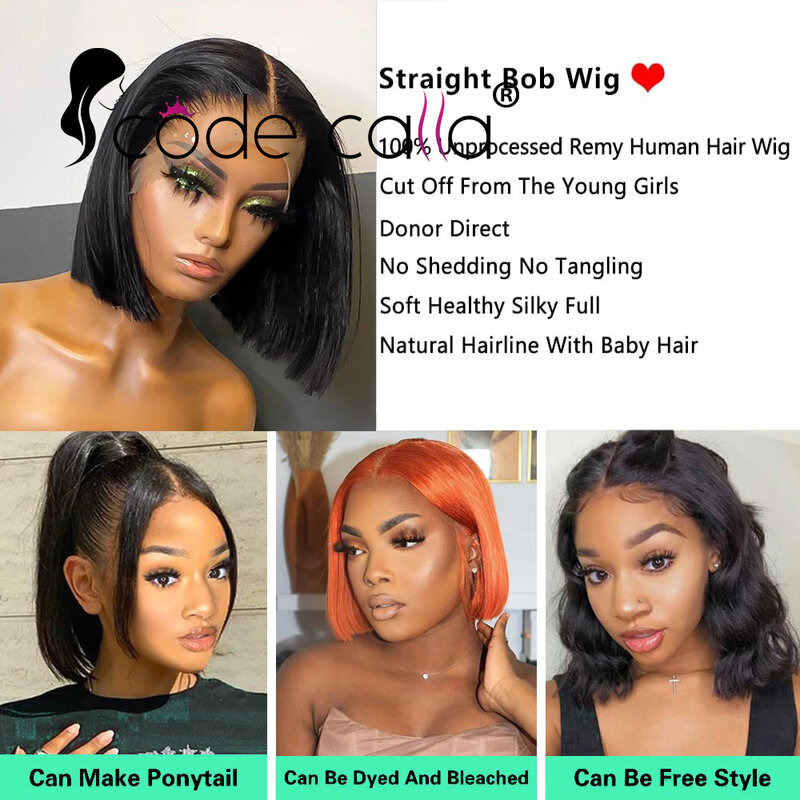 180% Straight Short Bob 13x4 Lace Frontal Human Hair Wigs Black HD Transparent Lace Front Wig Pre Cut Transparent Wigs For Women